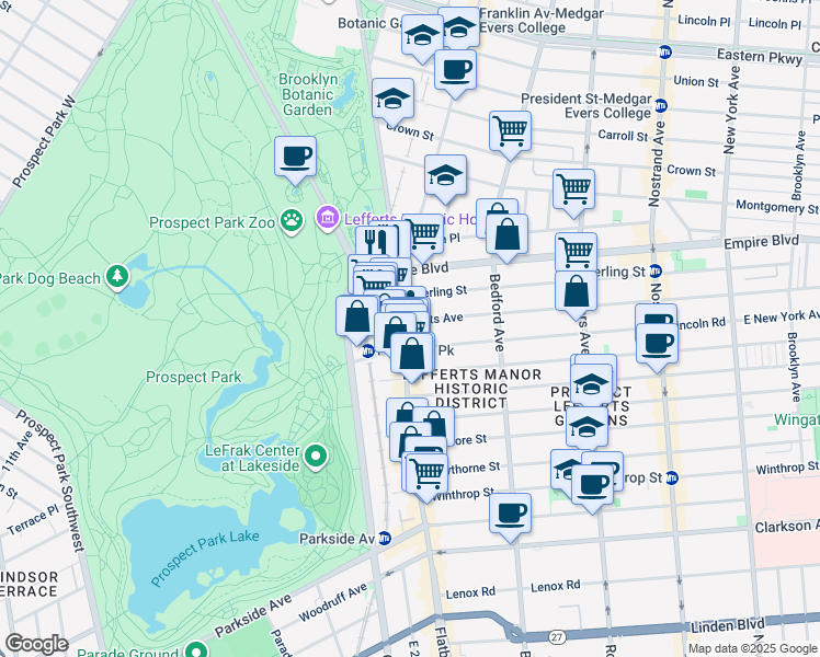 map of restaurants, bars, coffee shops, grocery stores, and more near 25 Lefferts Avenue in Brooklyn