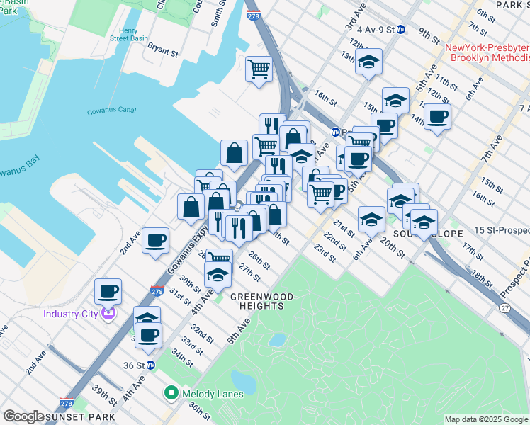 map of restaurants, bars, coffee shops, grocery stores, and more near 730 4th Avenue in Brooklyn