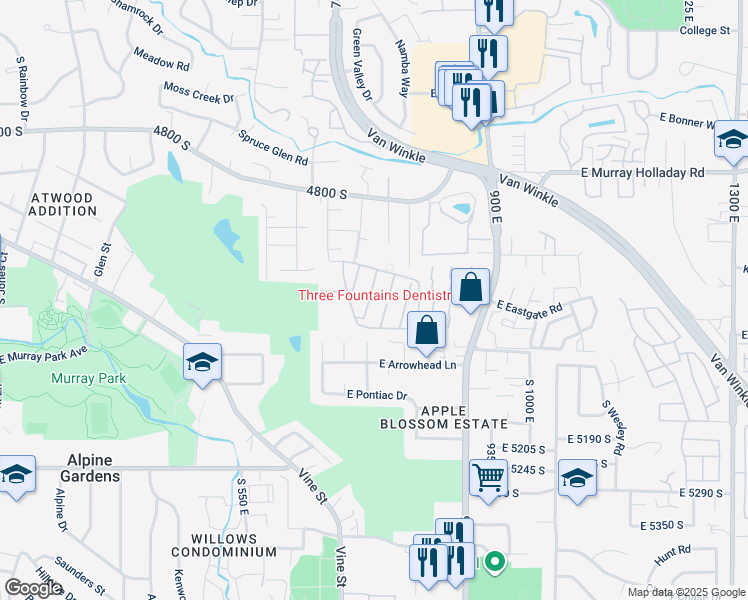 map of restaurants, bars, coffee shops, grocery stores, and more near 725 East 3 Fountains Circle in Murray