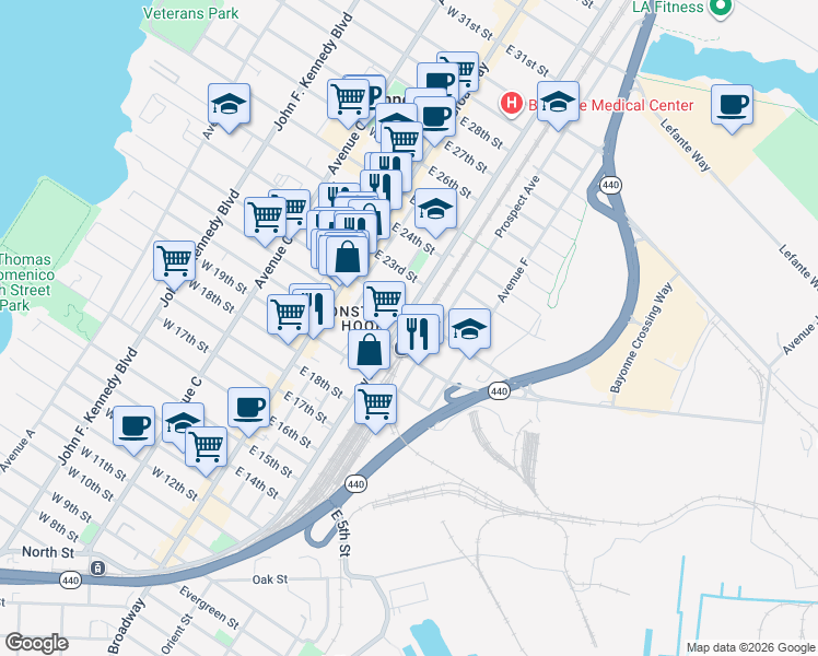 map of restaurants, bars, coffee shops, grocery stores, and more near 250 Avenue E in Bayonne