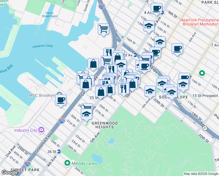 map of restaurants, bars, coffee shops, grocery stores, and more near 4th Ave & 23rd St in Brooklyn