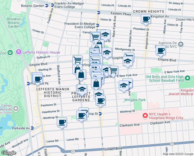 map of restaurants, bars, coffee shops, grocery stores, and more near Nostrand Ave & Lincoln Rd in Brooklyn