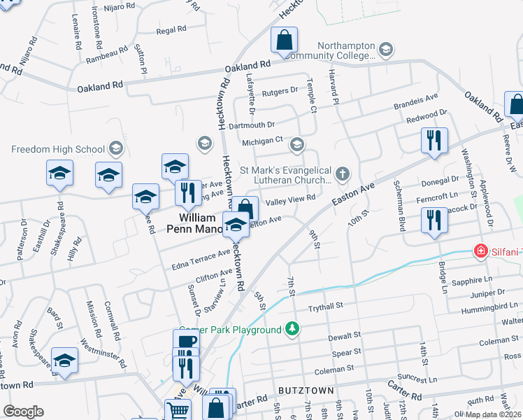 map of restaurants, bars, coffee shops, grocery stores, and more near 3304 Valley View Road in Bethlehem