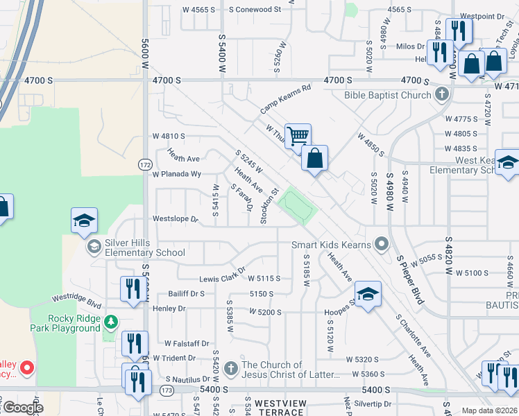 map of restaurants, bars, coffee shops, grocery stores, and more near 5290 Stockton Street in Salt Lake City
