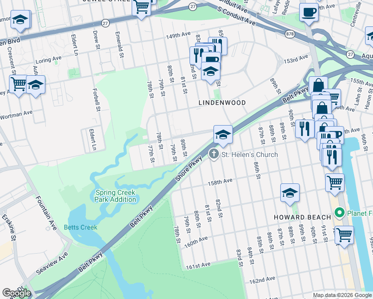 map of restaurants, bars, coffee shops, grocery stores, and more near 156-21 80th Street in Queens