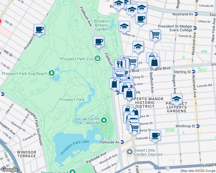 map of restaurants, bars, coffee shops, grocery stores, and more near 60 Ocean Avenue in Brooklyn