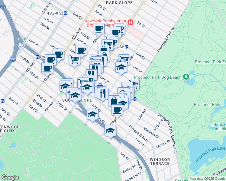 map of restaurants, bars, coffee shops, grocery stores, and more near 407 16th Street in Brooklyn