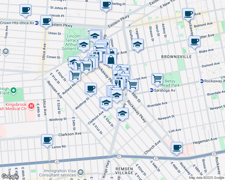 map of restaurants, bars, coffee shops, grocery stores, and more near 196 Roackaway Parkway in Brooklyn