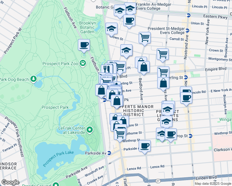 map of restaurants, bars, coffee shops, grocery stores, and more near 25 Lefferts Avenue in Brooklyn