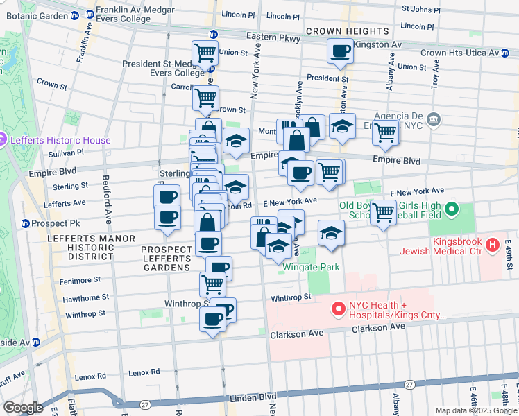 map of restaurants, bars, coffee shops, grocery stores, and more near 473 East New York Avenue in Brooklyn