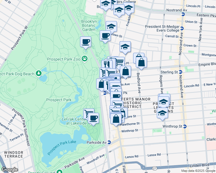 map of restaurants, bars, coffee shops, grocery stores, and more near 496 Flatbush Avenue in Brooklyn
