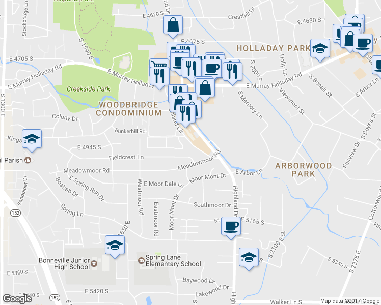 map of restaurants, bars, coffee shops, grocery stores, and more near 1855 Fieldcrest Lane in Salt Lake City