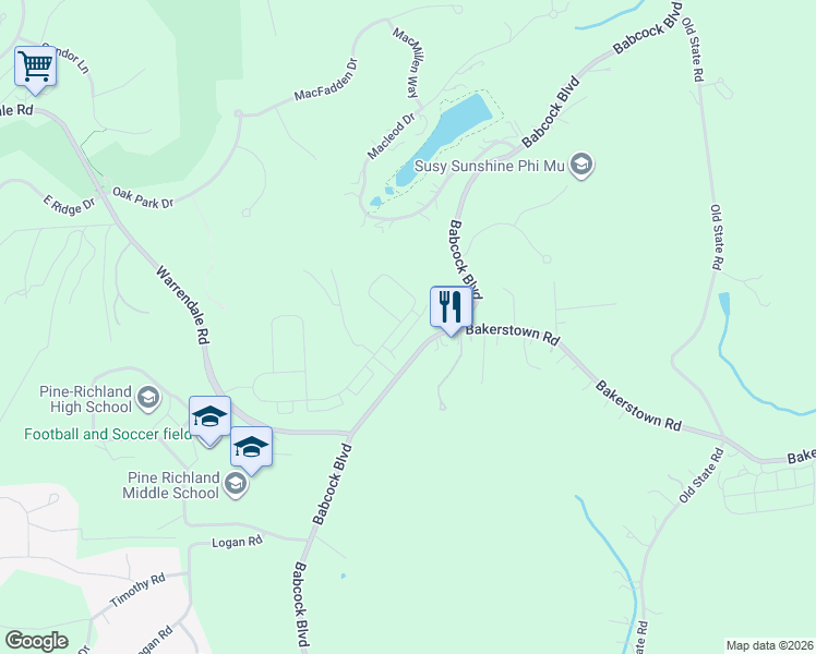 map of restaurants, bars, coffee shops, grocery stores, and more near 11082 Babcock Boulevard in Gibsonia