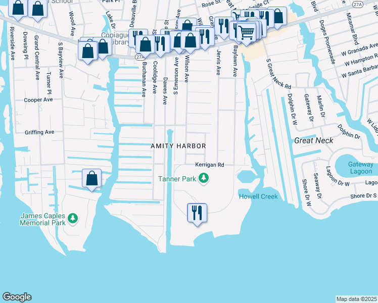 map of restaurants, bars, coffee shops, grocery stores, and more near 68 Wilson Avenue in Amityville