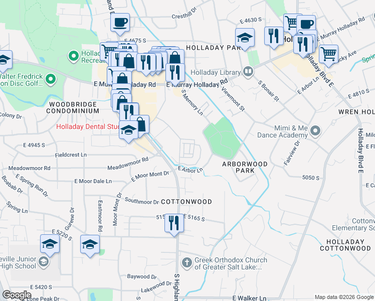 map of restaurants, bars, coffee shops, grocery stores, and more near 4890 South Memory Lane in Holladay