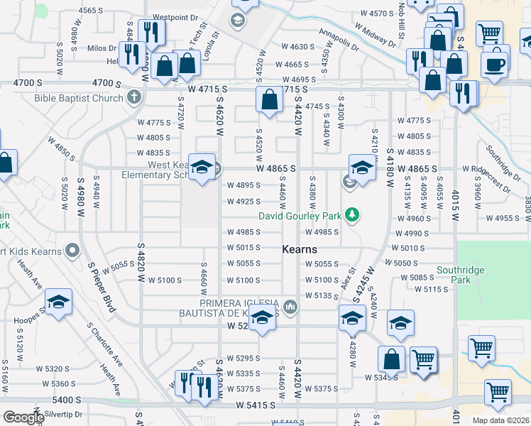 map of restaurants, bars, coffee shops, grocery stores, and more near 4521 West 4925 South in Kearns