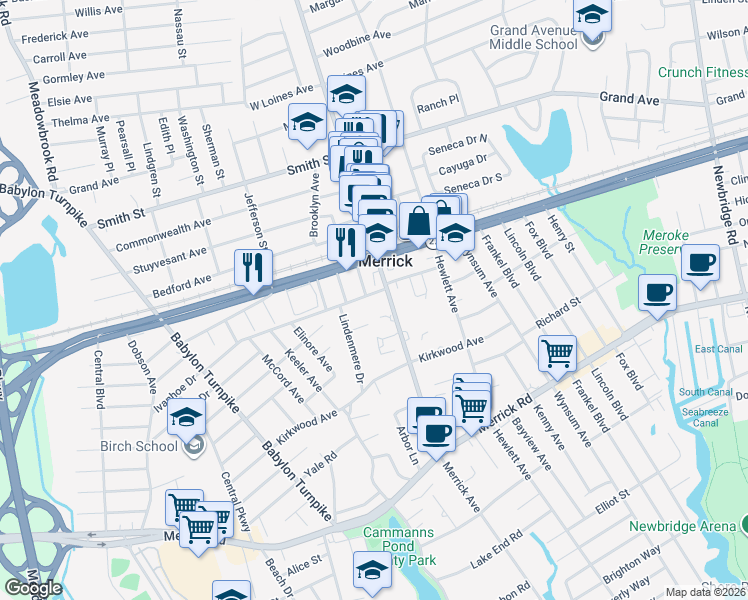 map of restaurants, bars, coffee shops, grocery stores, and more near 7 York Place in Merrick