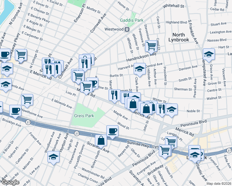 map of restaurants, bars, coffee shops, grocery stores, and more near 43 Wilson Avenue in Lynbrook