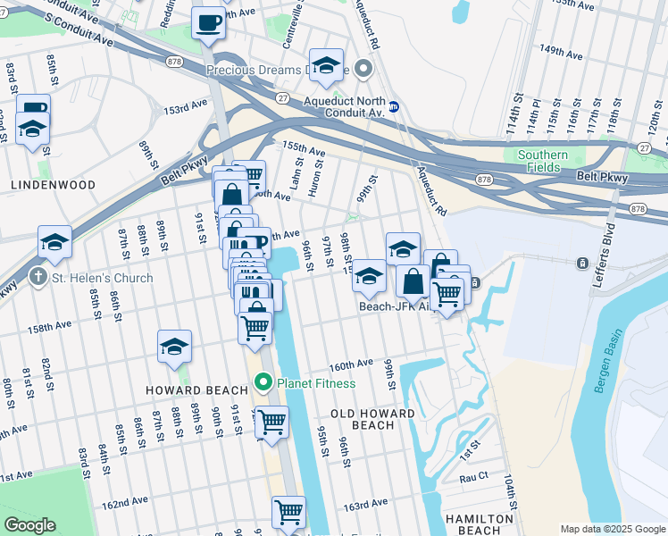 map of restaurants, bars, coffee shops, grocery stores, and more near 157-38 98th Street in Queens