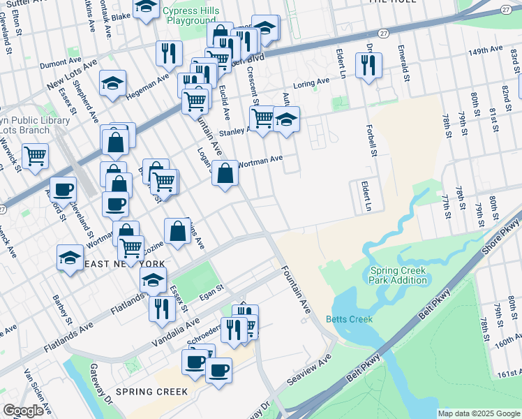 map of restaurants, bars, coffee shops, grocery stores, and more near 692 Cozine Avenue in Brooklyn
