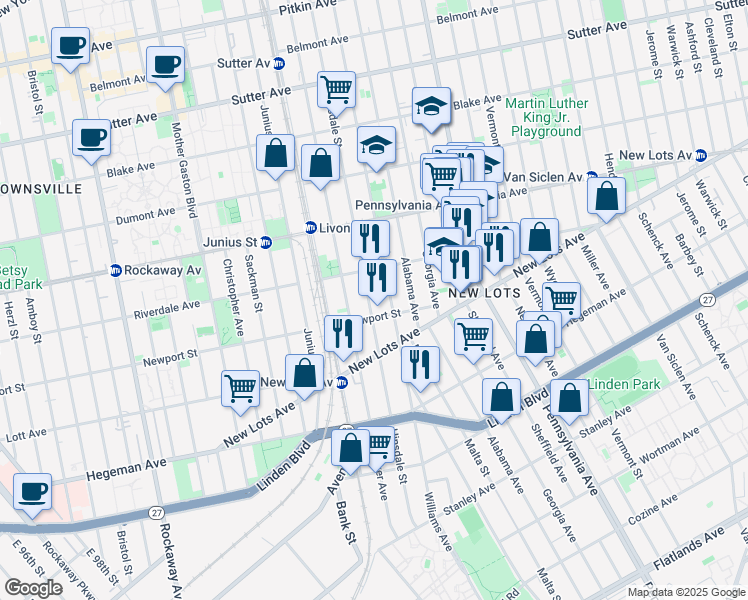 map of restaurants, bars, coffee shops, grocery stores, and more near 560 Williams Avenue in Brooklyn