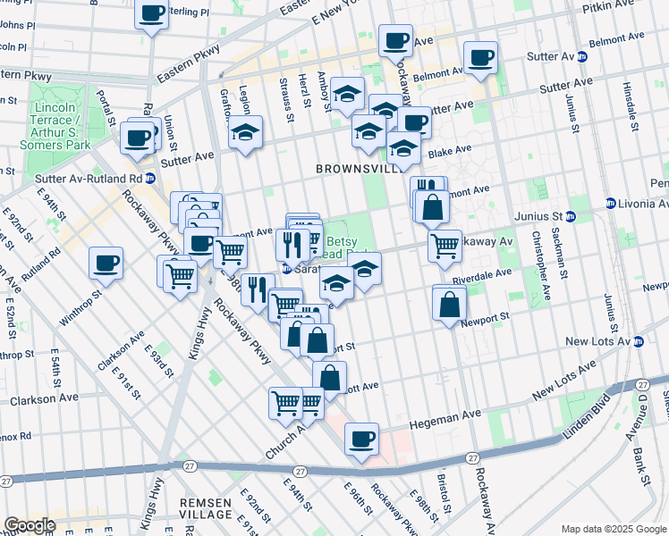 map of restaurants, bars, coffee shops, grocery stores, and more near 2133 Strauss Street in Brooklyn