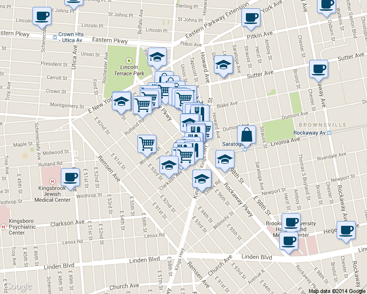 map of restaurants, bars, coffee shops, grocery stores, and more near 196 Roackaway Parkway in Brooklyn