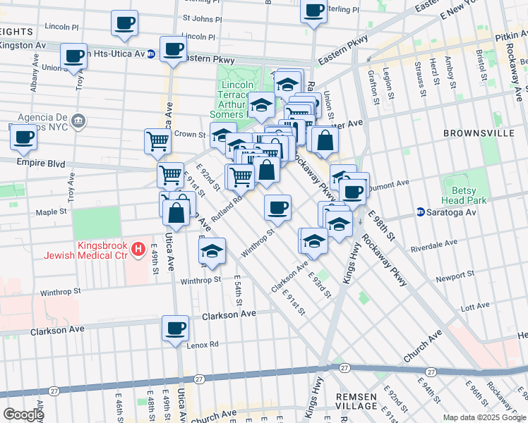 map of restaurants, bars, coffee shops, grocery stores, and more near 131 East 93rd Street in Brooklyn