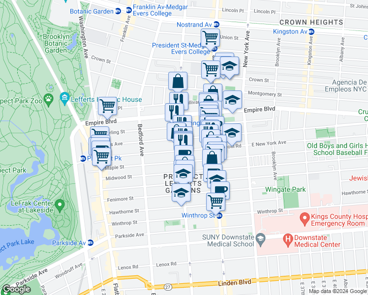 map of restaurants, bars, coffee shops, grocery stores, and more near 246 Lefferts Avenue in Brooklyn