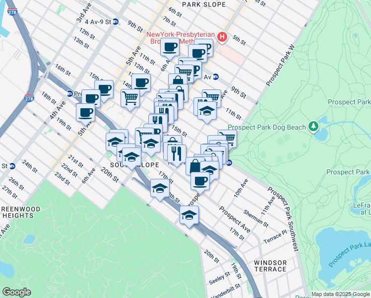map of restaurants, bars, coffee shops, grocery stores, and more near 395 16th Street in Brooklyn