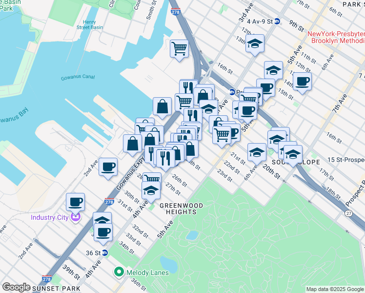 map of restaurants, bars, coffee shops, grocery stores, and more near 148 23rd Street in Brooklyn