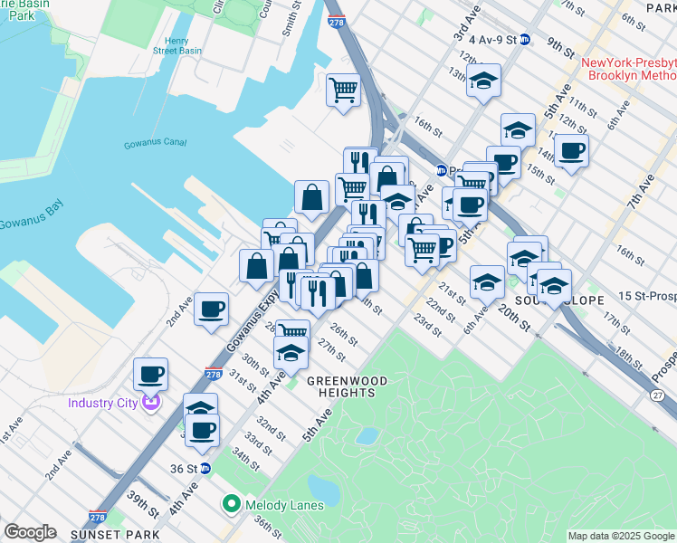 map of restaurants, bars, coffee shops, grocery stores, and more near 148 23rd Street in Brooklyn