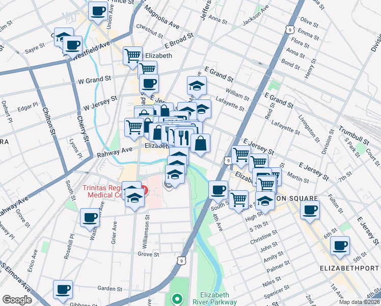 map of restaurants, bars, coffee shops, grocery stores, and more near 1089-1099 Elizabeth Avenue in Elizabeth
