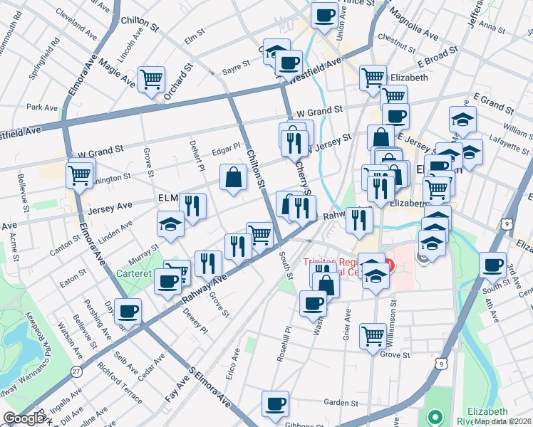 map of restaurants, bars, coffee shops, grocery stores, and more near 142-144 Murray Street in Elizabeth