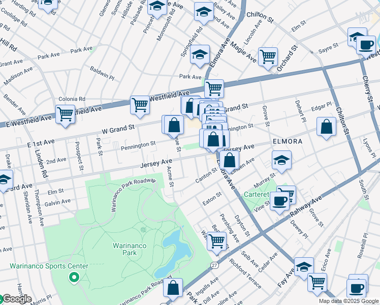 map of restaurants, bars, coffee shops, grocery stores, and more near 169 Bellevue Street in Elizabeth