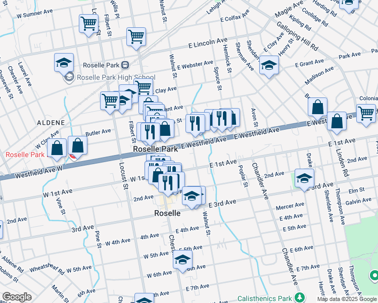 map of restaurants, bars, coffee shops, grocery stores, and more near in Roselle Park
