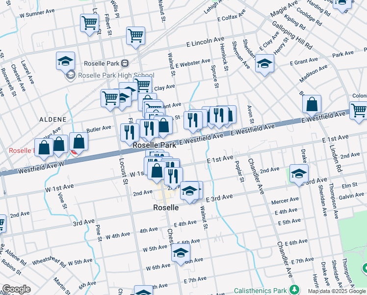 map of restaurants, bars, coffee shops, grocery stores, and more near 55 Westfield Avenue West in Roselle Park