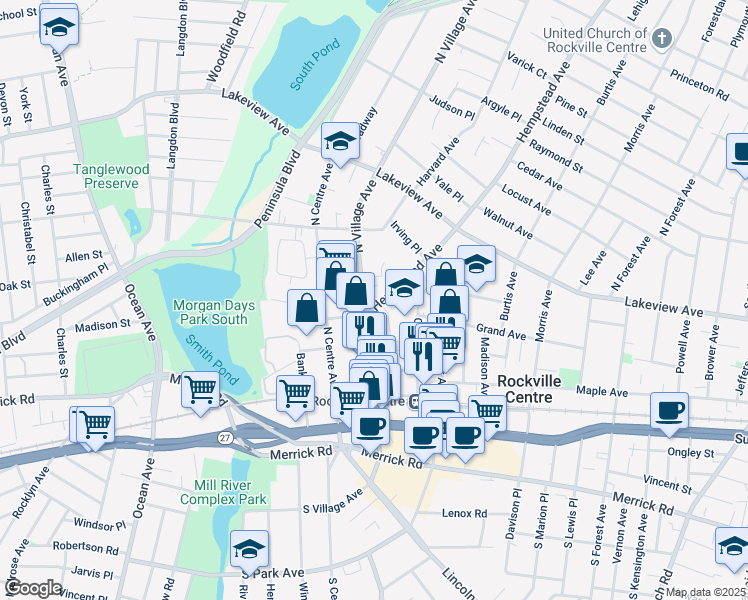 map of restaurants, bars, coffee shops, grocery stores, and more near 165 North Village Avenue in Rockville Centre