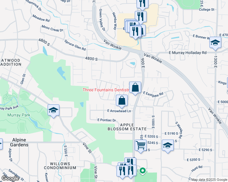map of restaurants, bars, coffee shops, grocery stores, and more near 760 East Three Fountains Drive in Murray