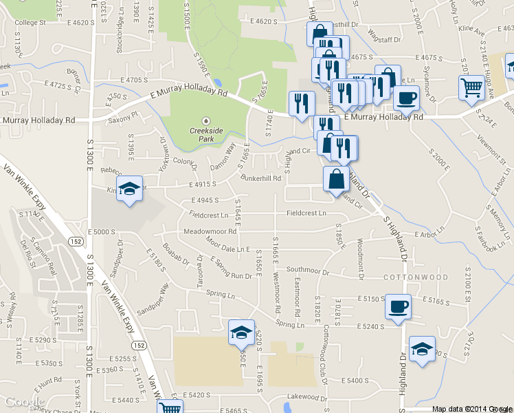 map of restaurants, bars, coffee shops, grocery stores, and more near 1691 Fieldcrest Ln in Salt Lake City