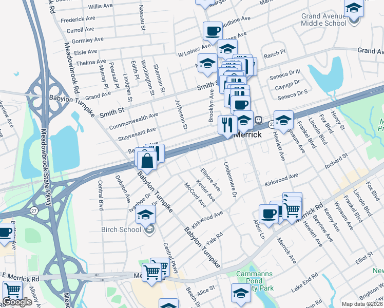 map of restaurants, bars, coffee shops, grocery stores, and more near 1930 Sunrise Highway in Merrick
