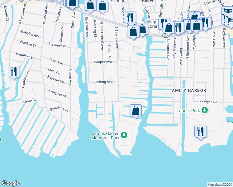 map of restaurants, bars, coffee shops, grocery stores, and more near 217 South Bayview Avenue in Amityville