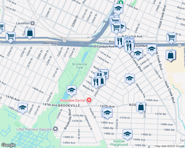 map of restaurants, bars, coffee shops, grocery stores, and more near 240-20 Caney Road in Queens