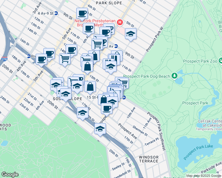 map of restaurants, bars, coffee shops, grocery stores, and more near 423 15th Street in Brooklyn