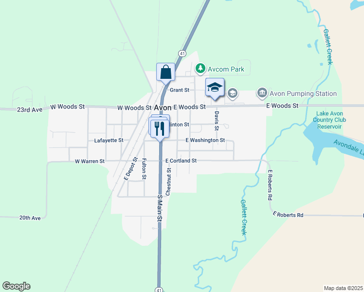 map of restaurants, bars, coffee shops, grocery stores, and more near 201-215 East Washington Street in Avon