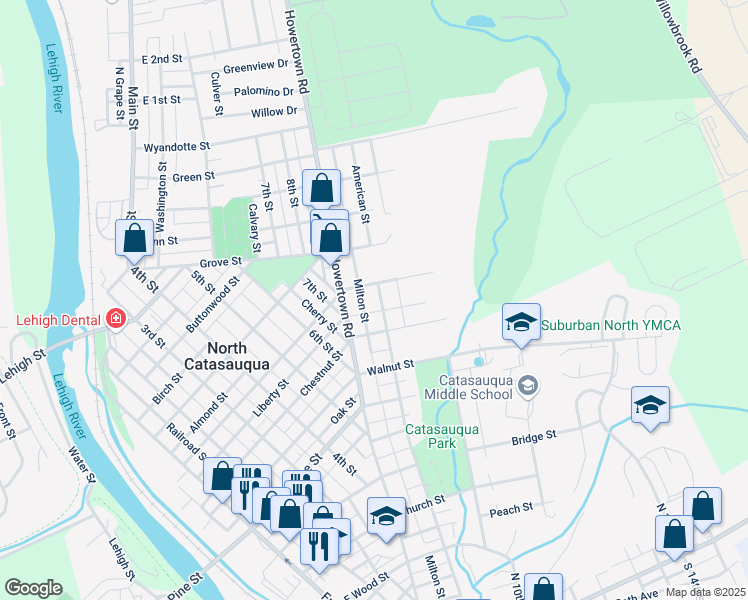 map of restaurants, bars, coffee shops, grocery stores, and more near 717 Chapel Street in Catasauqua