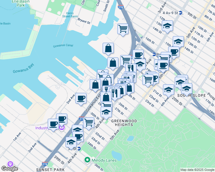 map of restaurants, bars, coffee shops, grocery stores, and more near 25th Street in Brooklyn