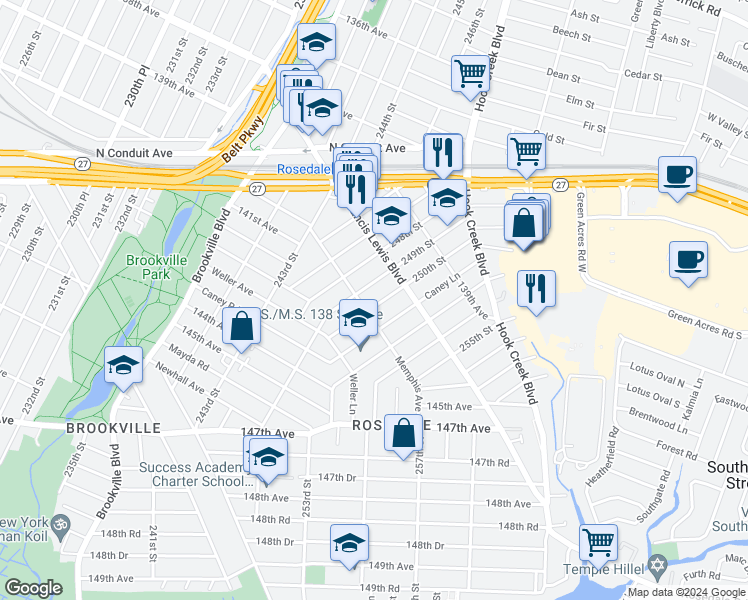map of restaurants, bars, coffee shops, grocery stores, and more near 141-40 250th Street in Queens