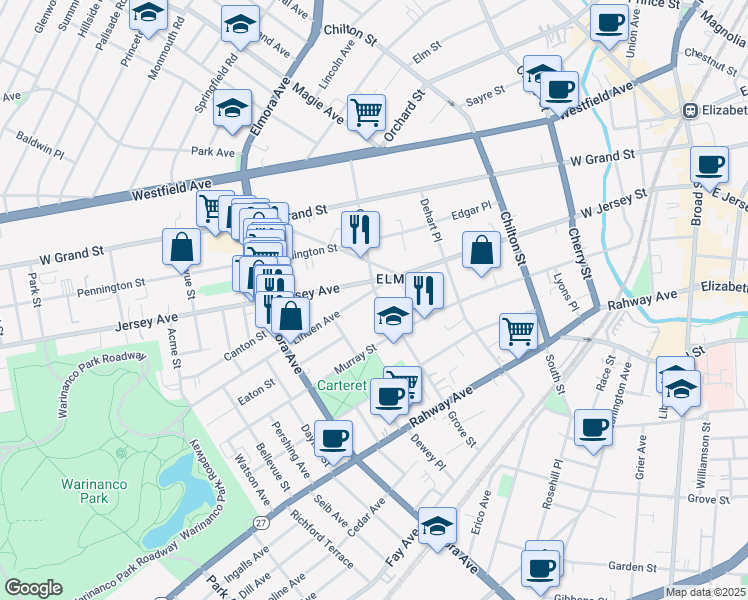 map of restaurants, bars, coffee shops, grocery stores, and more near 100 Grove Street in Elizabeth