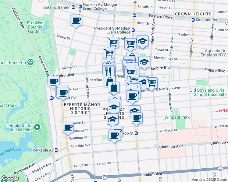 map of restaurants, bars, coffee shops, grocery stores, and more near 246 Lefferts Avenue in Brooklyn